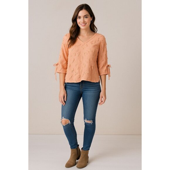 Tru Luxe Jeans Womens Top Small Peach Fringe Textured V Neck 3/4 Sleeve Boho - Picture 1 of 6